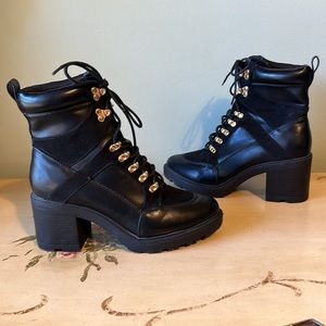 Black Faux Suede Leather Lace Up Combat Military Chunky Heeled Boots